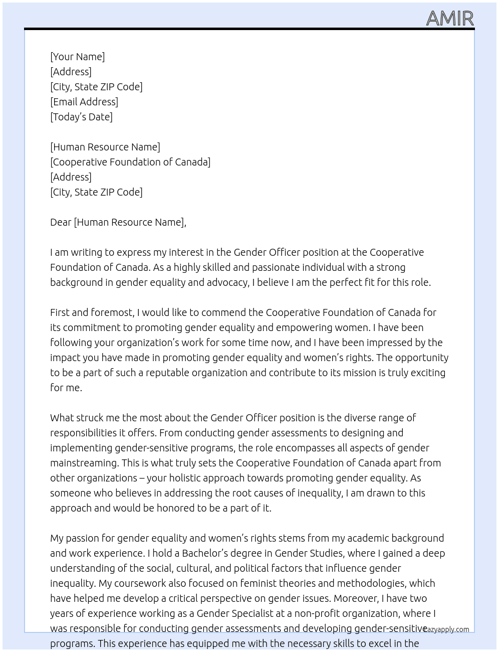 Gender Officer At Cooperative foundation of Canada  Cover Letter