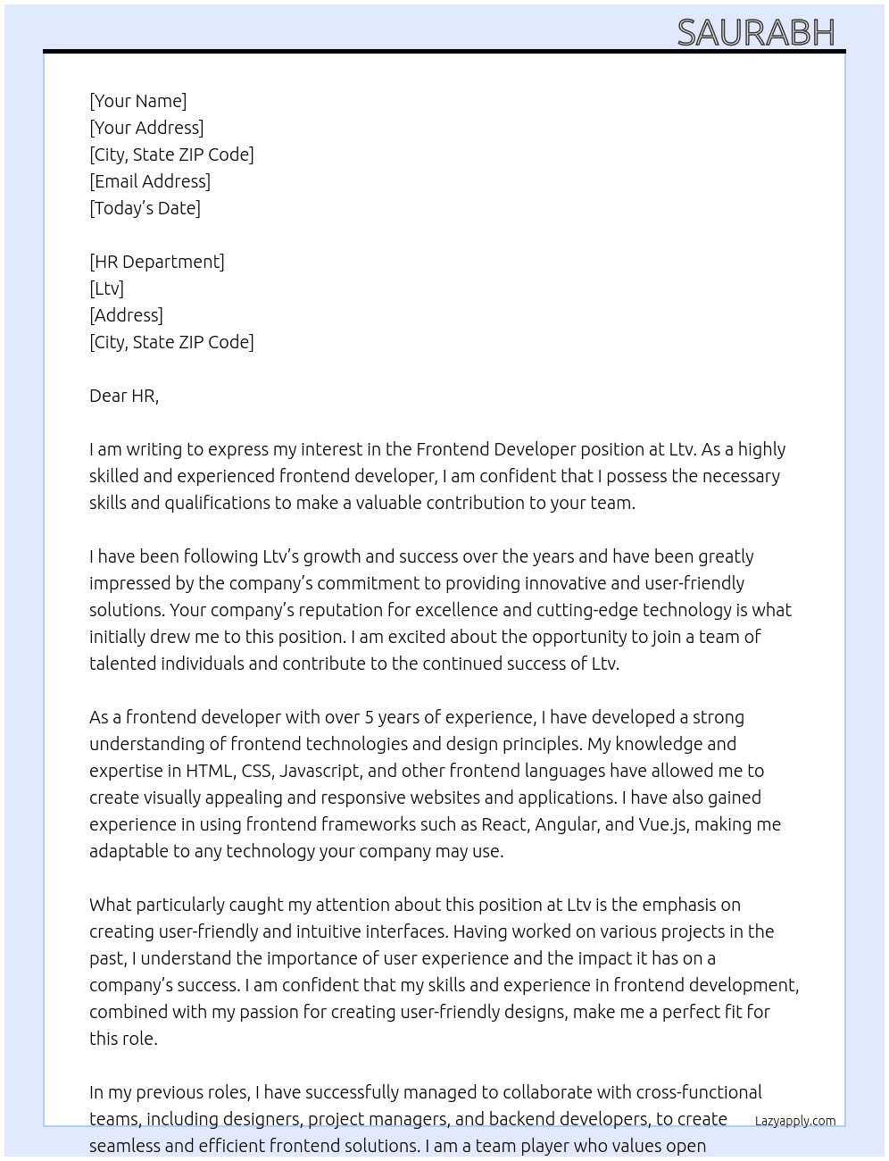 Frontend developer  At Ltv Cover Letter