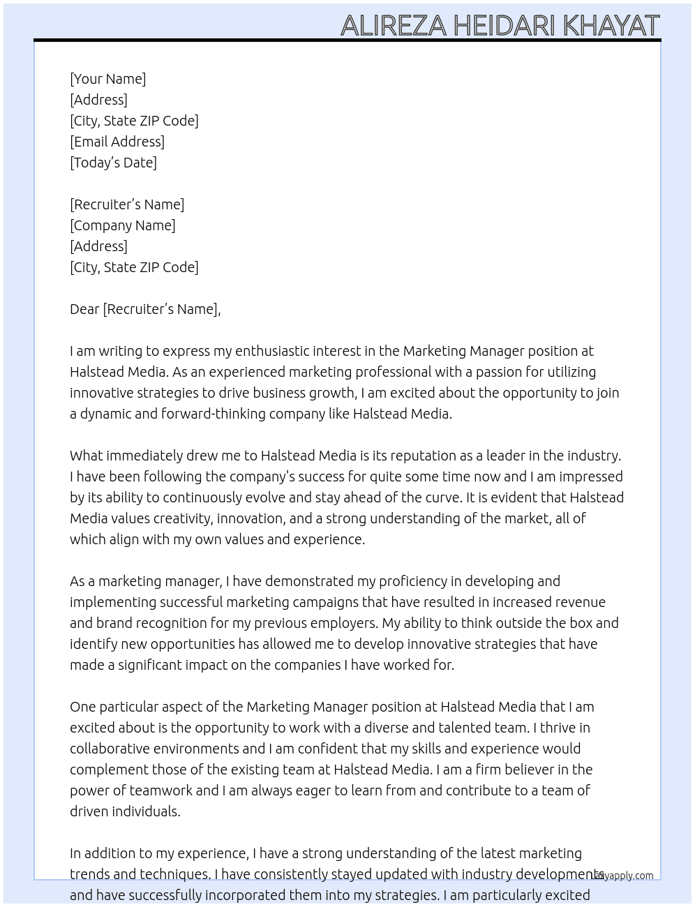 Marketing Manager At Halstead Media Cover Letter