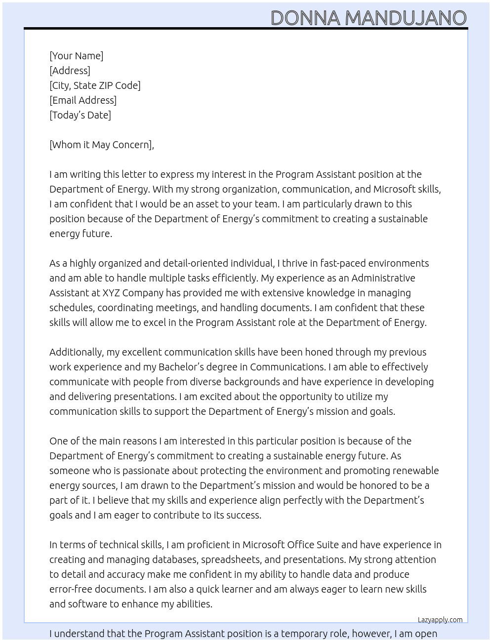 Program Assistant  At Department of Energy  Cover Letter