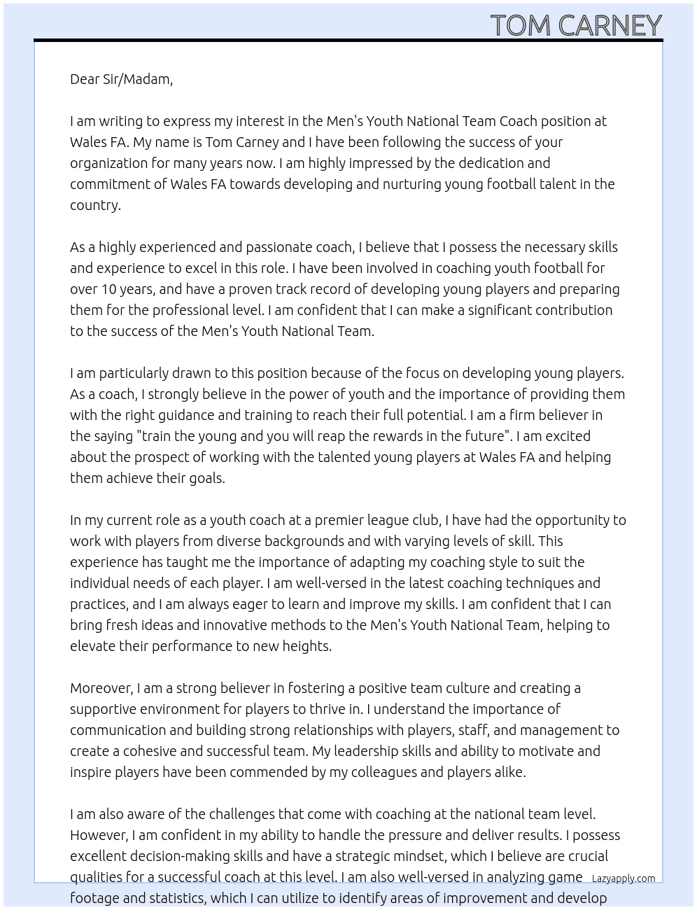 Men's Youth National Team Coach At Wales FA Cover Letter
