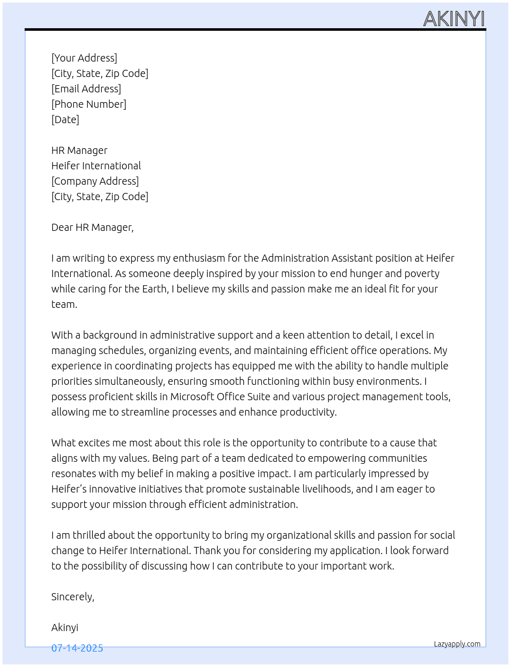 Administration Assistant At Heifer International Cover Letter