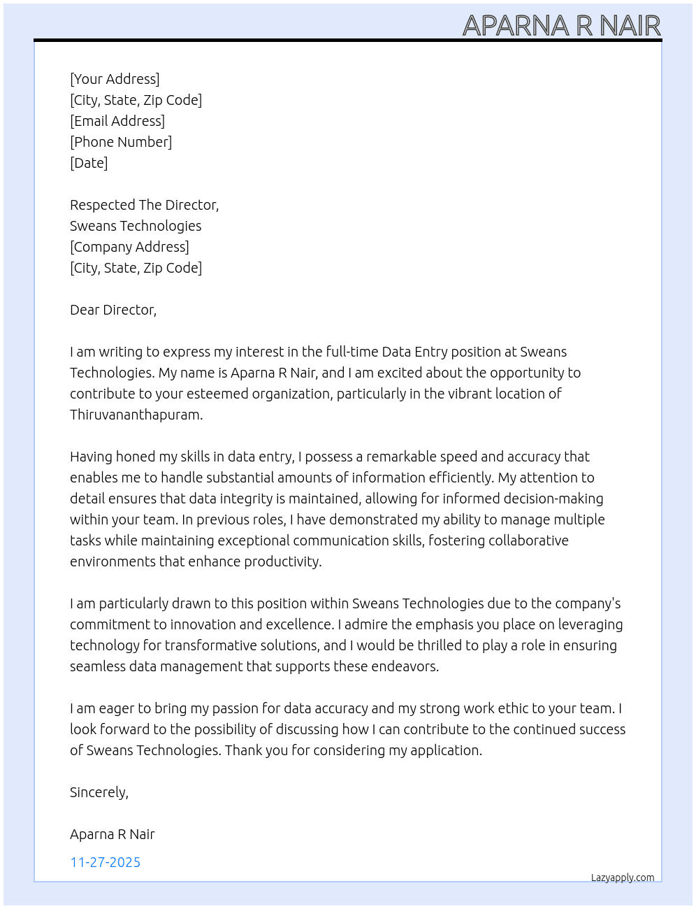 Data entry  At Sweans Technologies  Cover Letter