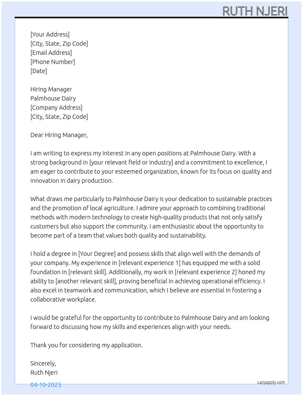 Cover letter for any open position - LazyApply