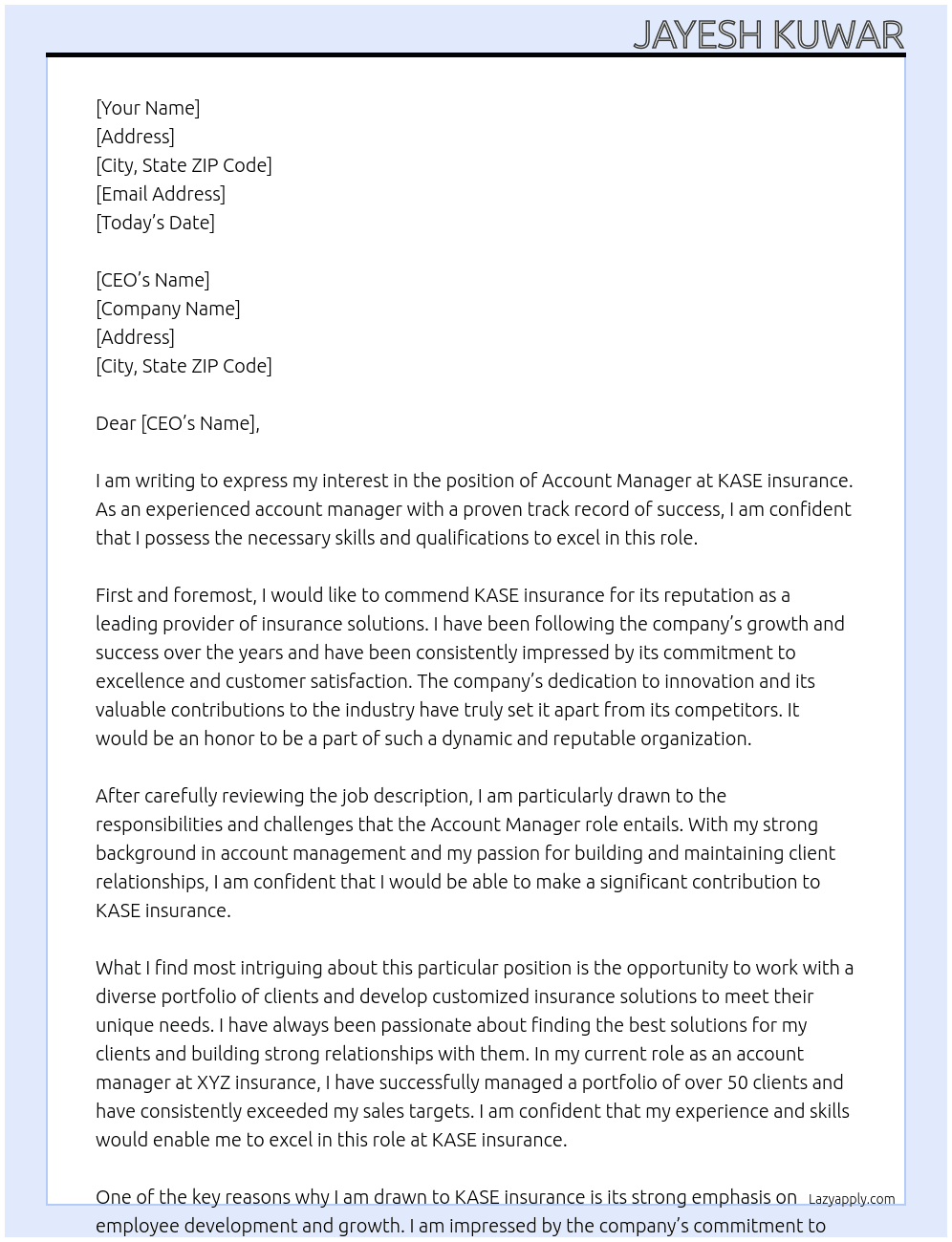 account manager At KASE insurance Cover Letter