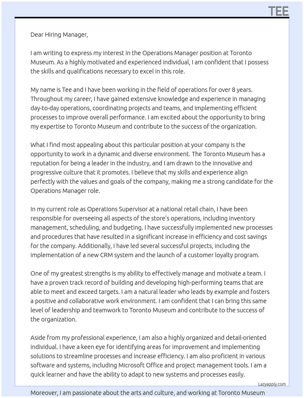 Operations Manager  At Toronto Museum  Cover Letter