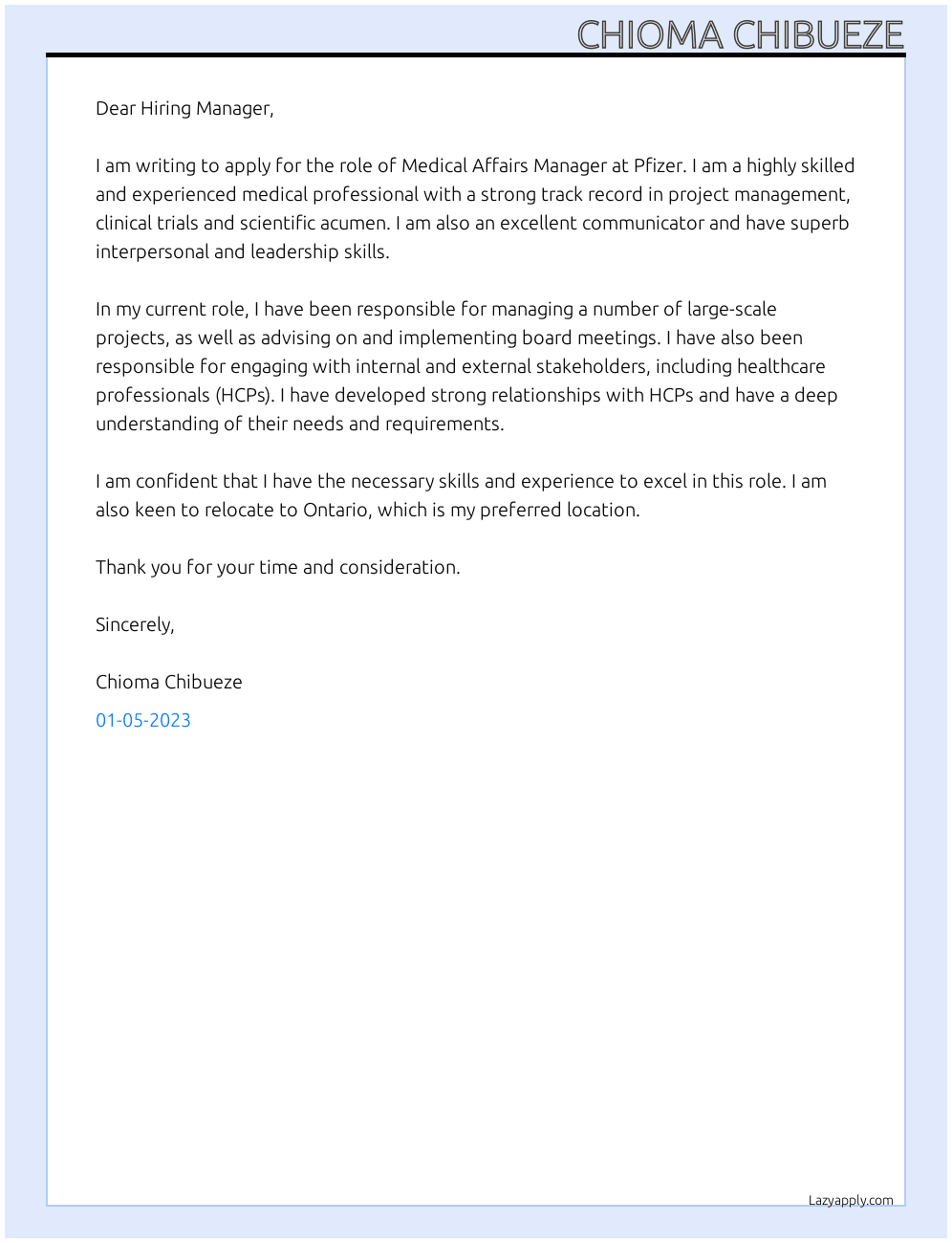 Medical Affairs Manager  At PFIZER Cover Letter