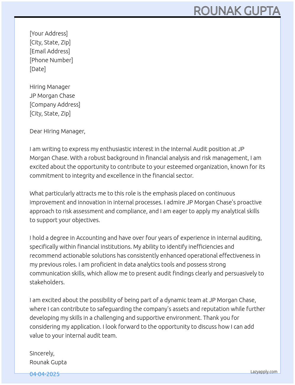 Internal Audit At JP Morgan Chase Cover Letter