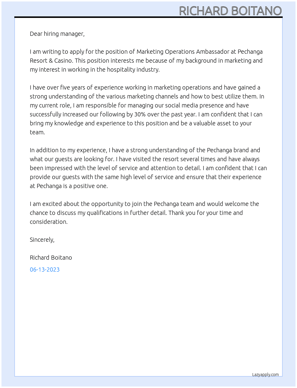 Marketing Operations Ambassador At Pechanga Resort & Casino  Cover Letter