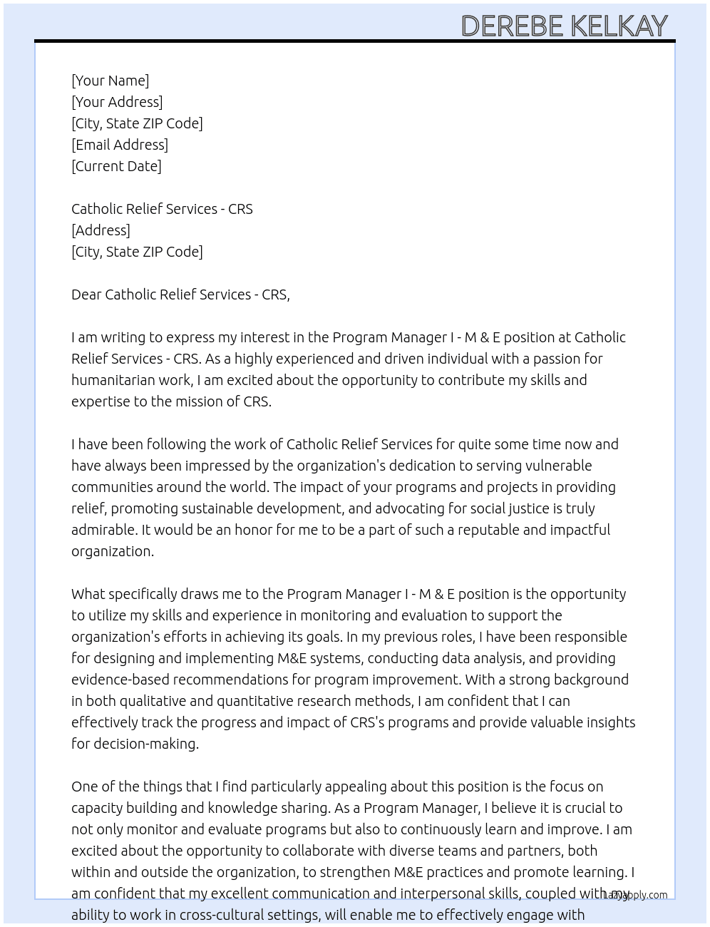 Program Manager I - M & E At Catholic Relief Services - CRS Cover Letter