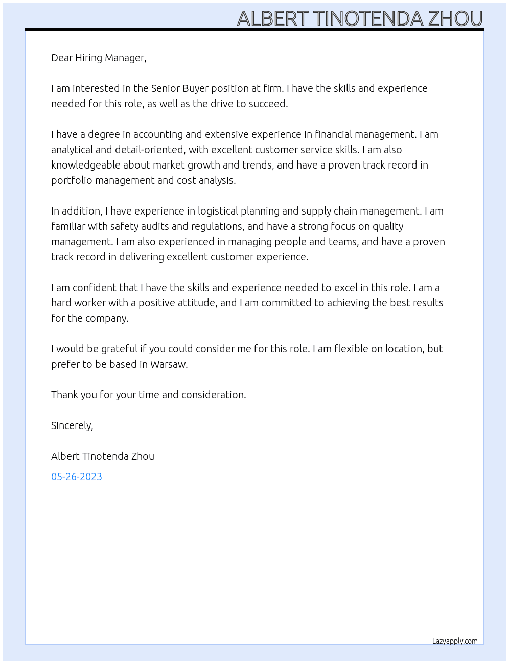 Senior Buyer At firm Cover Letter