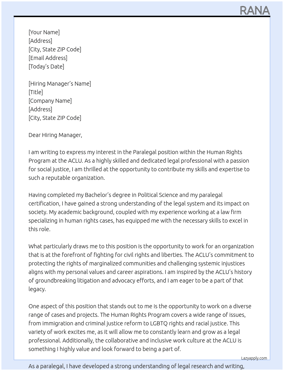 Paralegal, Human Rights Program At ACLU Cover Letter
