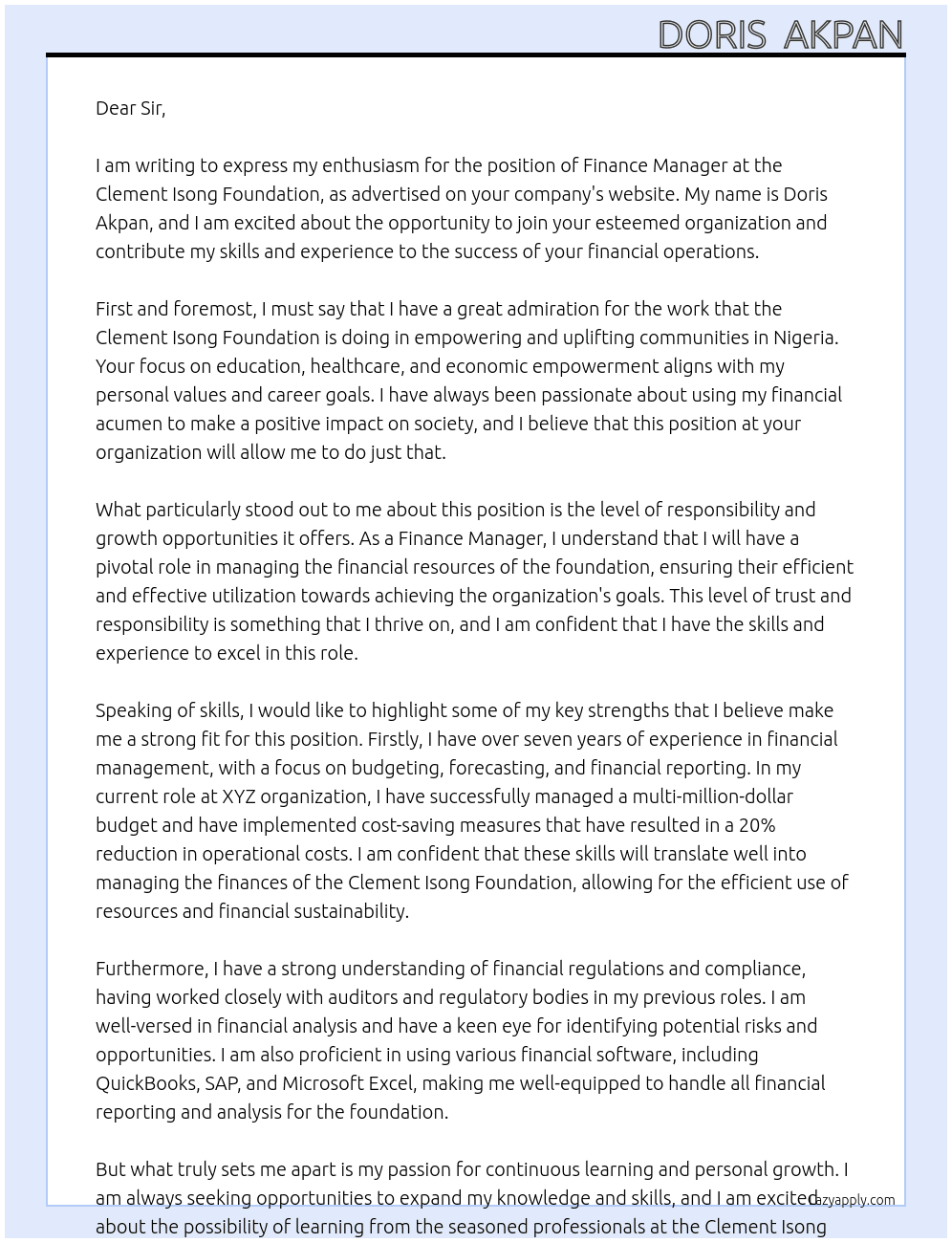 Finance Manager At Clement Isong Foundation Cover Letter