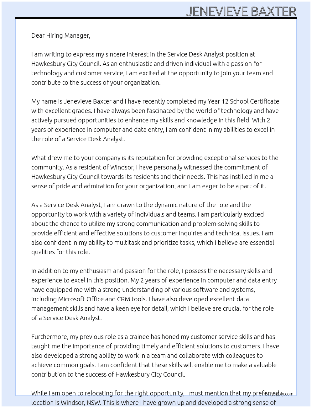 Service Desk Analyst At Hawkesbury City Council Cover Letter