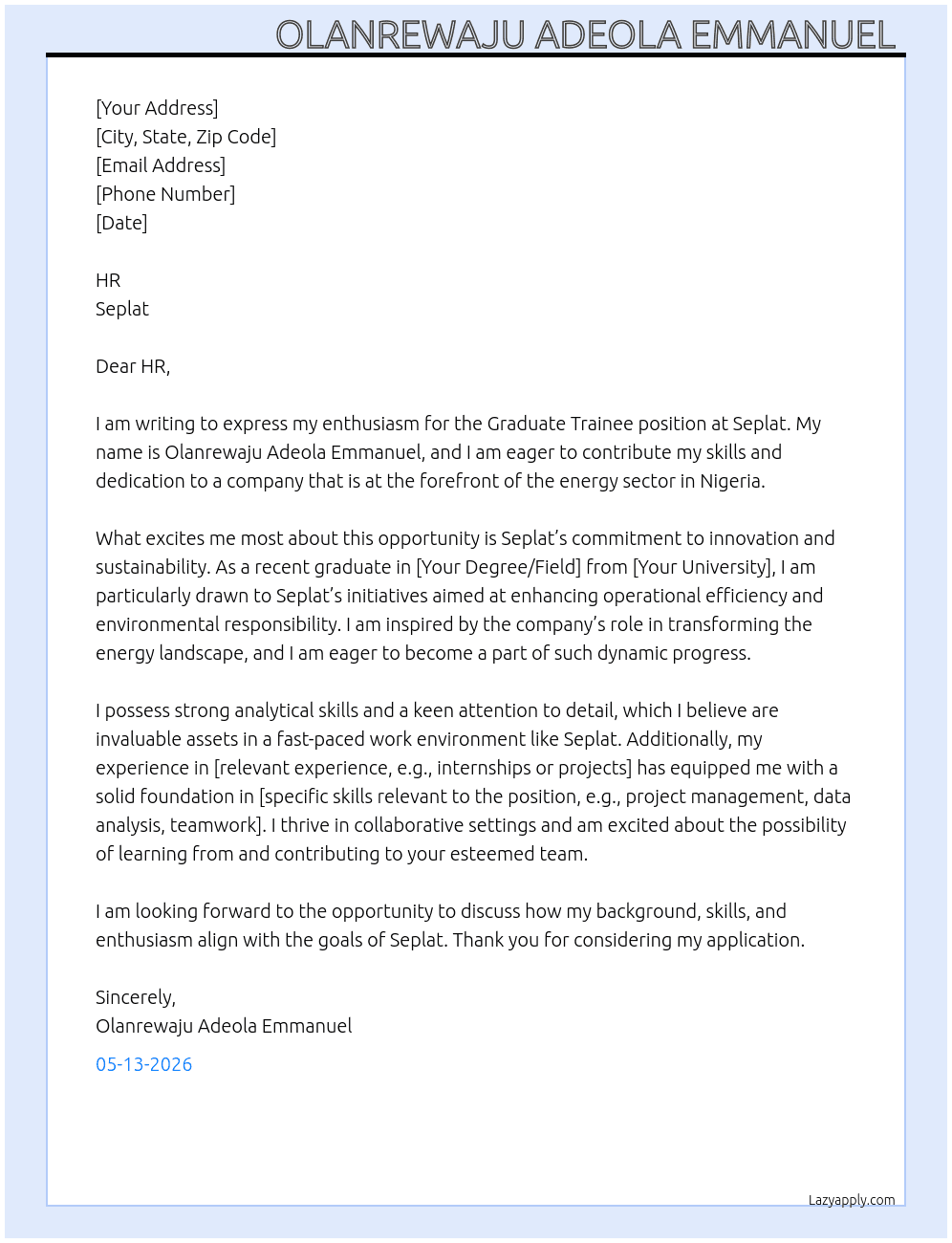 Graduate trainee At Seplat  Cover Letter