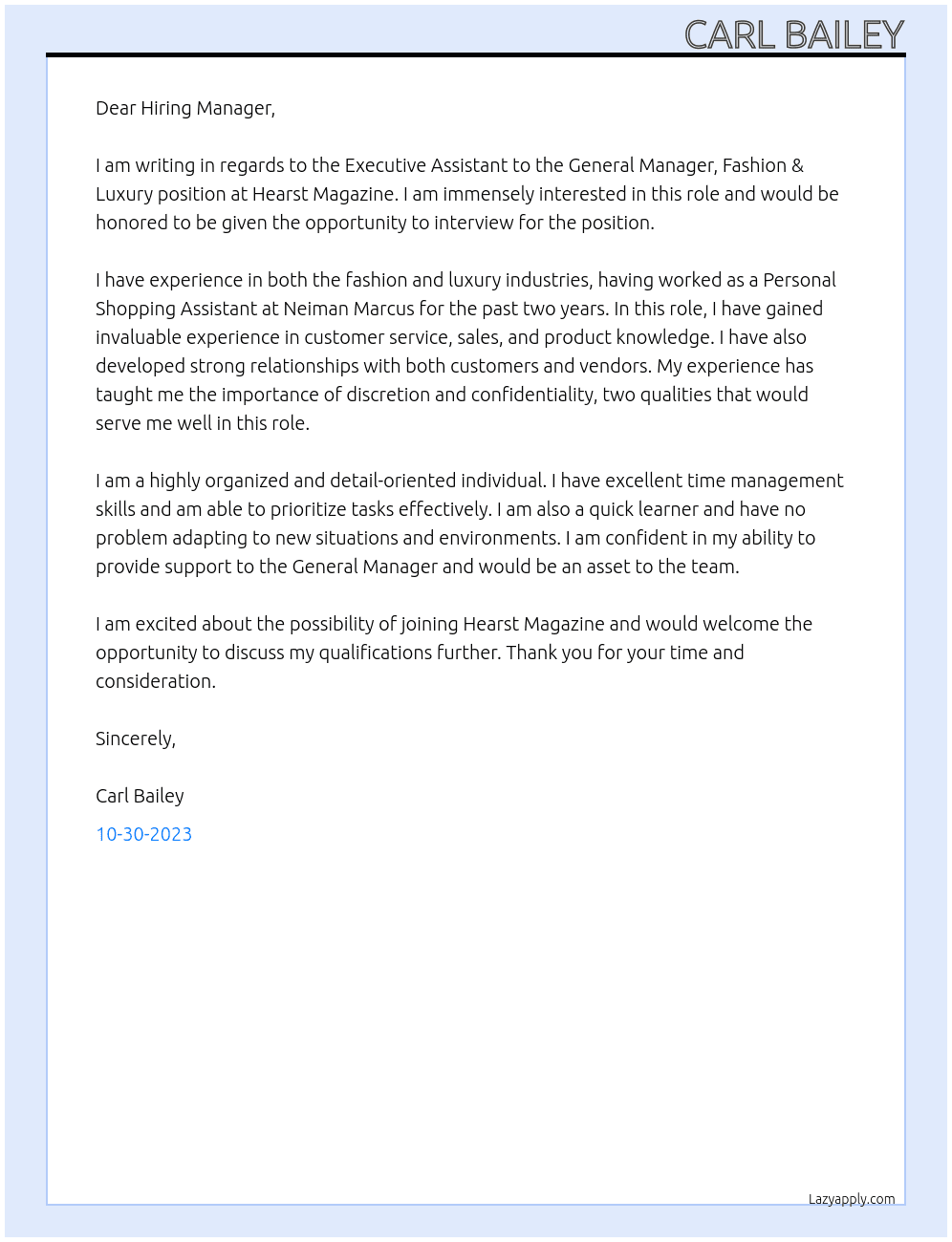 Executive Assistant to the General Manager, Fashion & Luxury At Hearst Magazine  Cover Letter