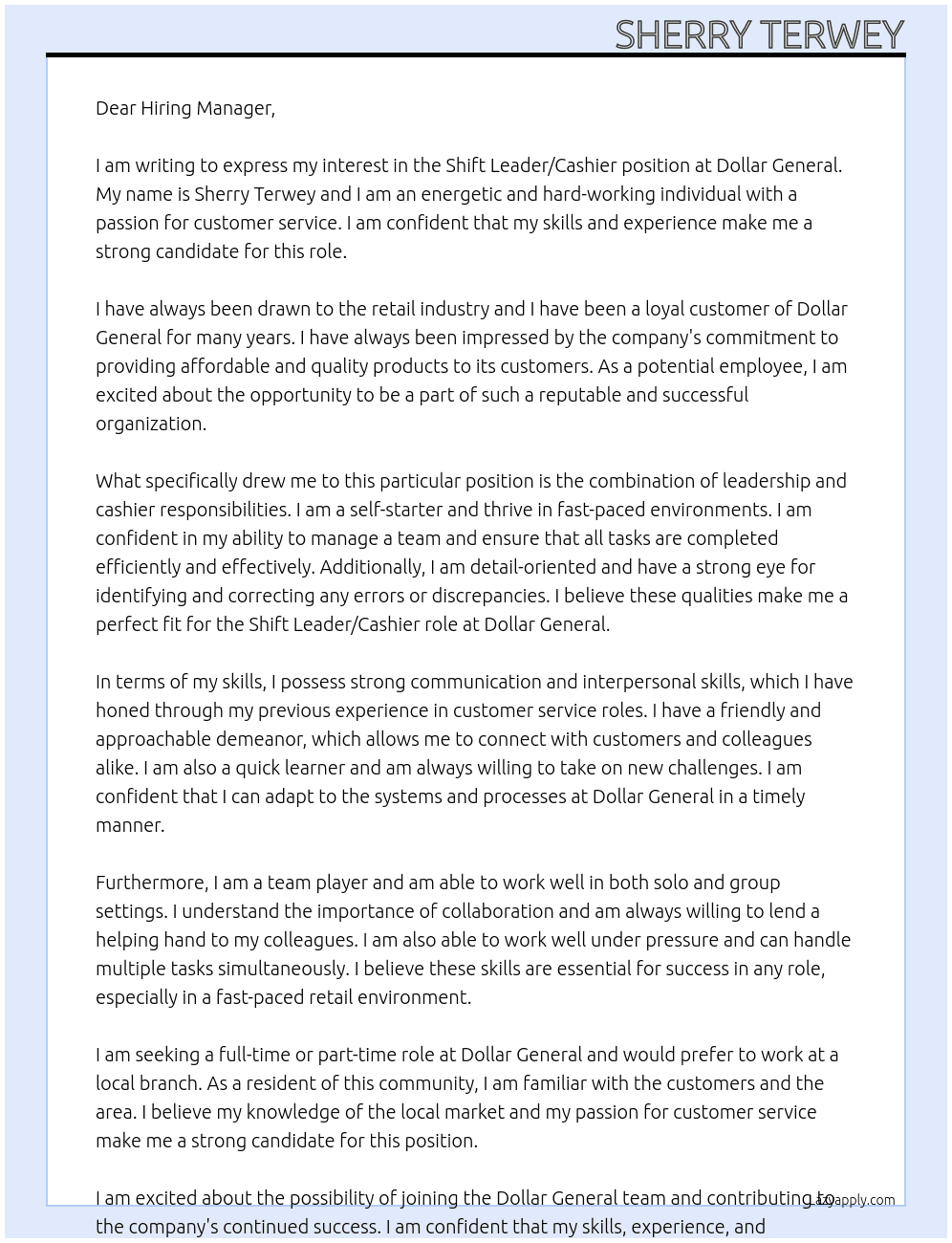 Shift leader/ caahier At Dollar general  Cover Letter