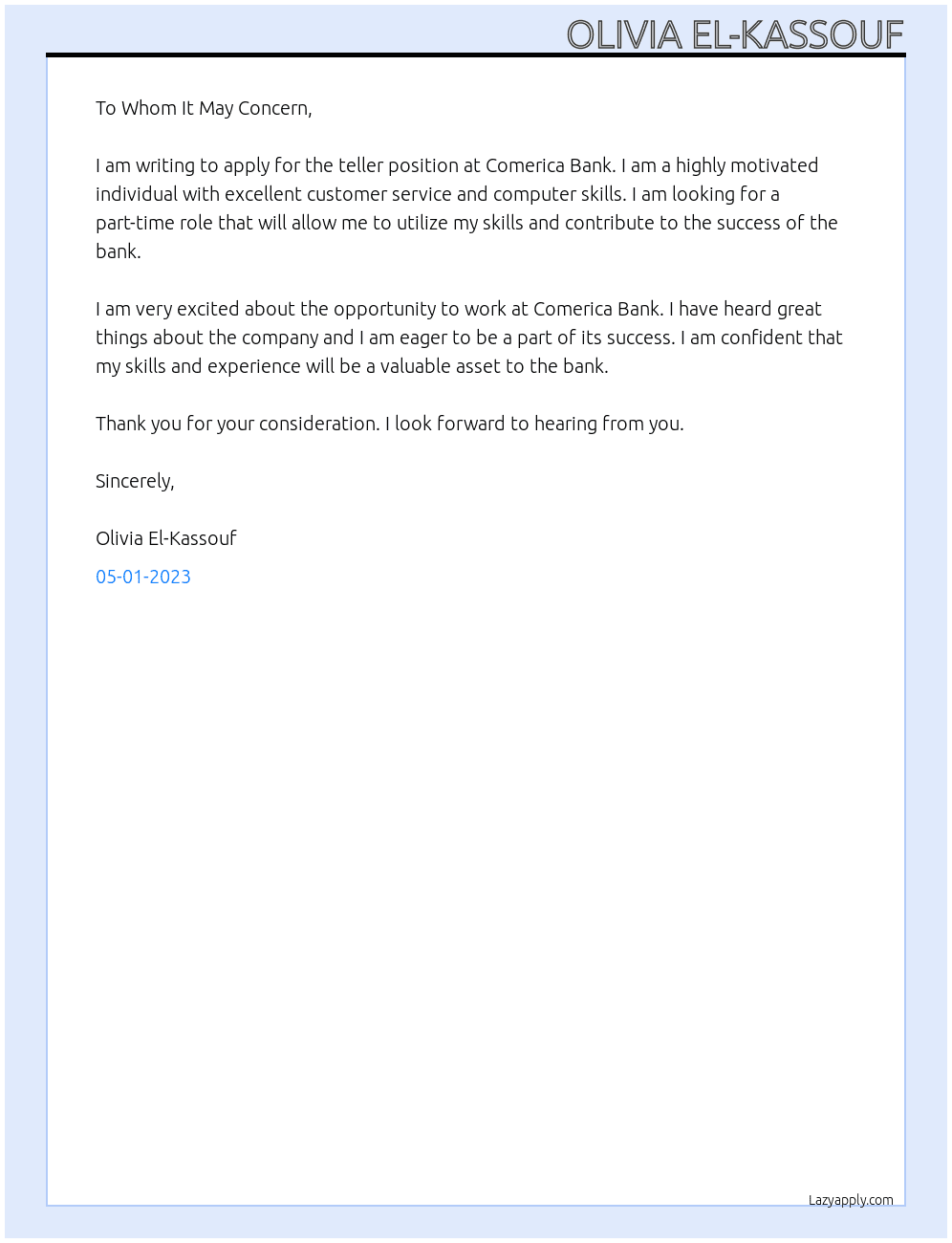 teller At Comerica Bank Cover Letter