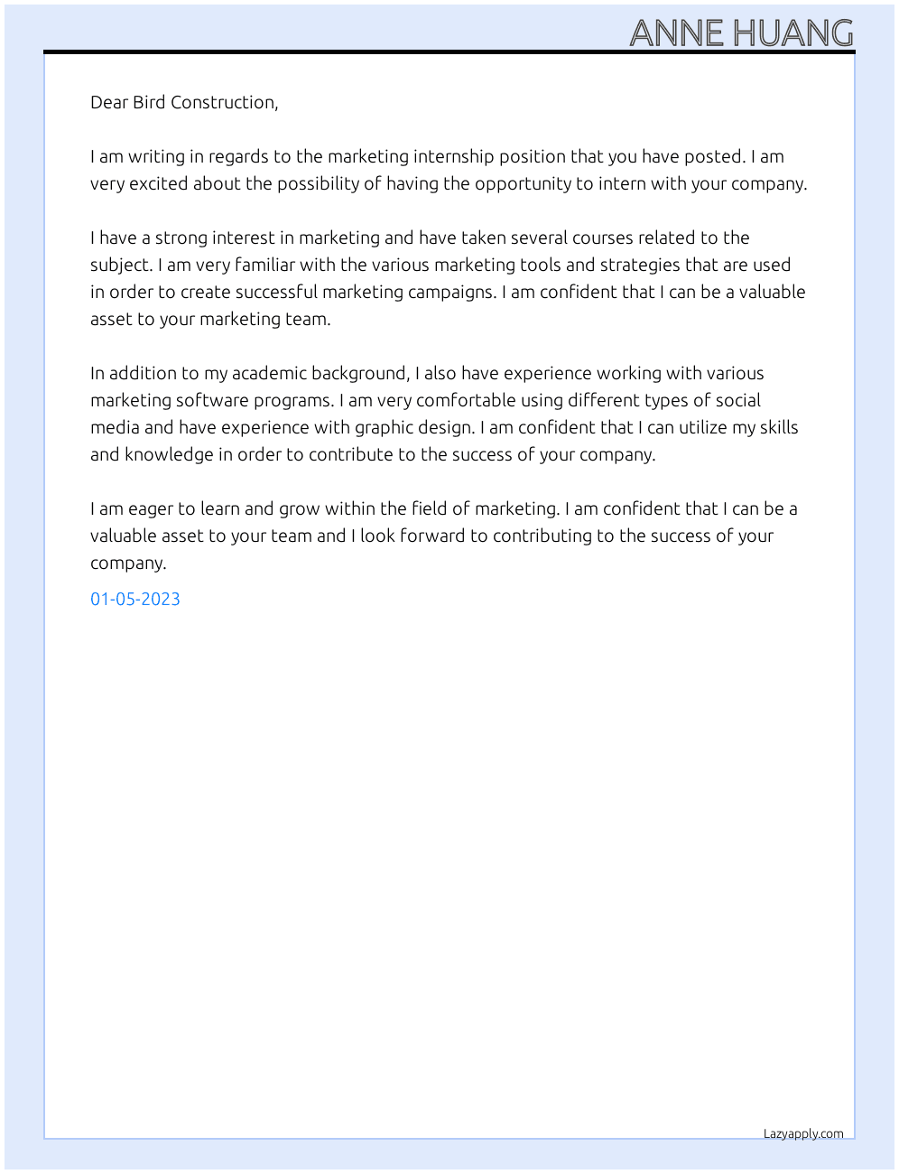 Marketing internship At Bird Construction Cover Letter