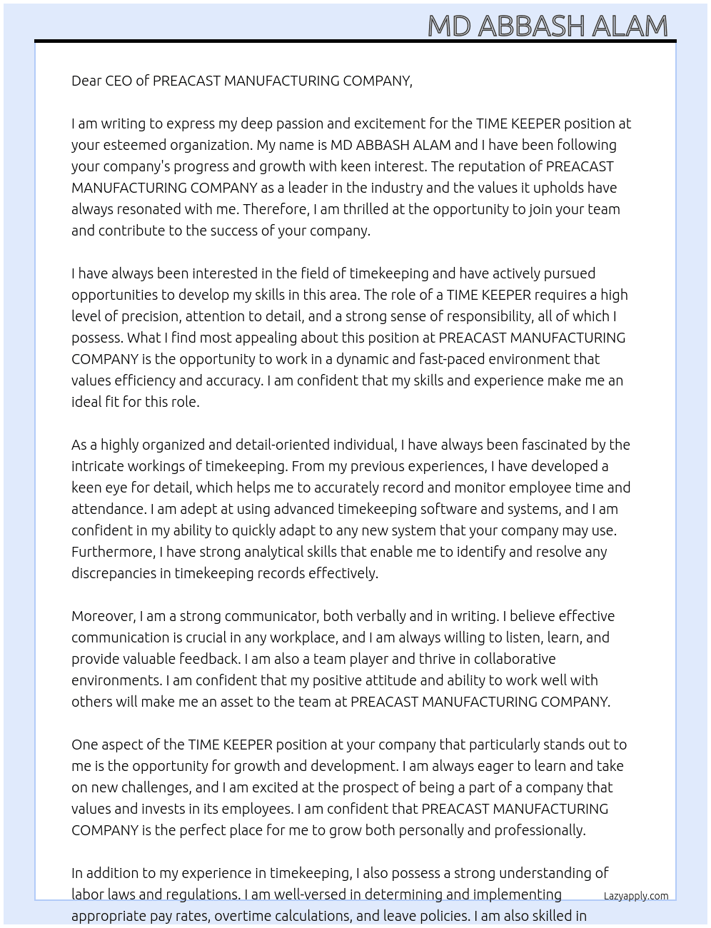 TIME KEEPER  At PREACAST MANUFACTURING COMPANY  Cover Letter