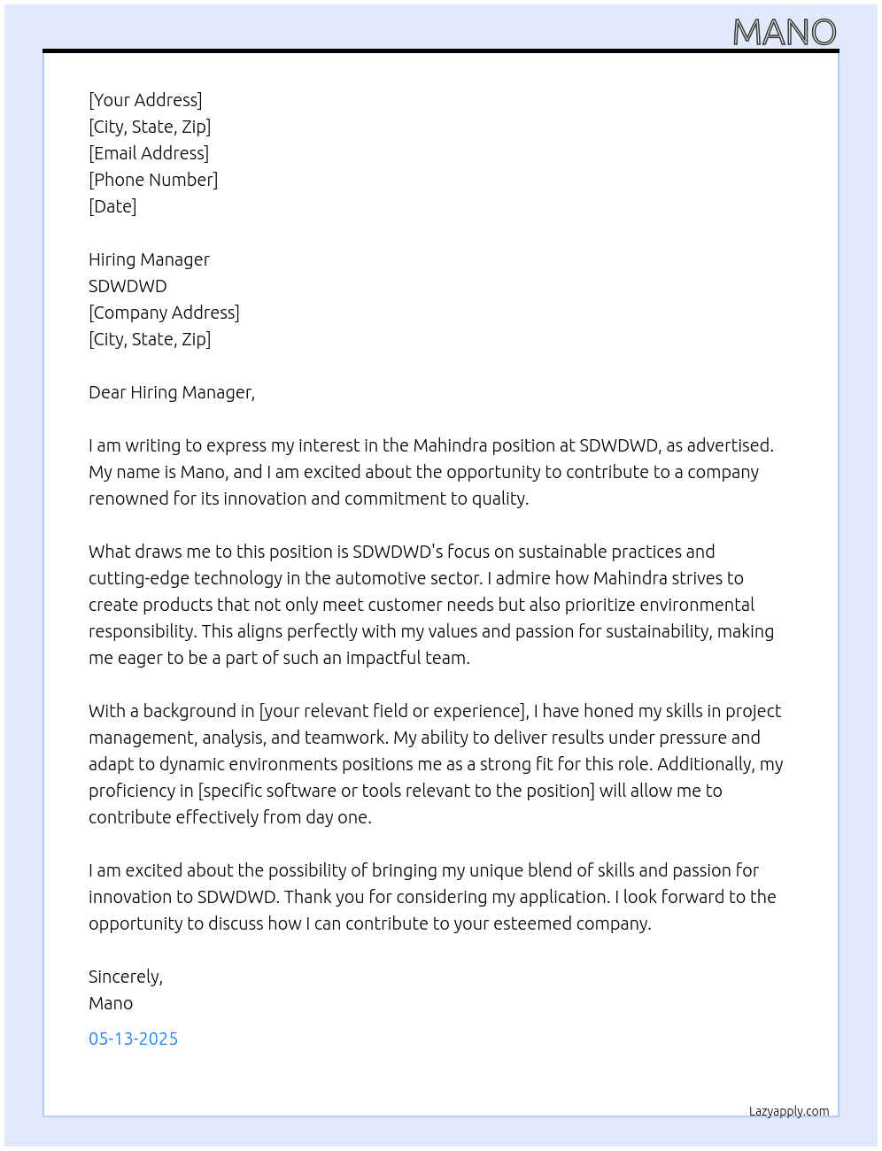 mahindera At sdwdwd Cover Letter