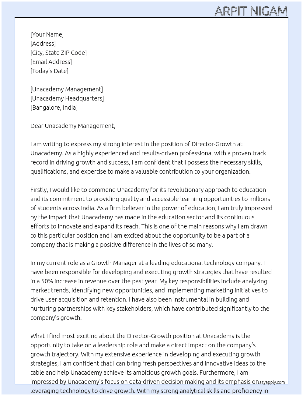 Director-Growth At Unacademy Cover Letter