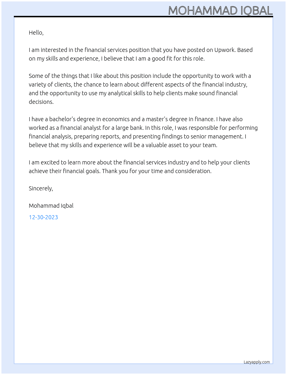 Financial services  At Upwork Cover Letter
