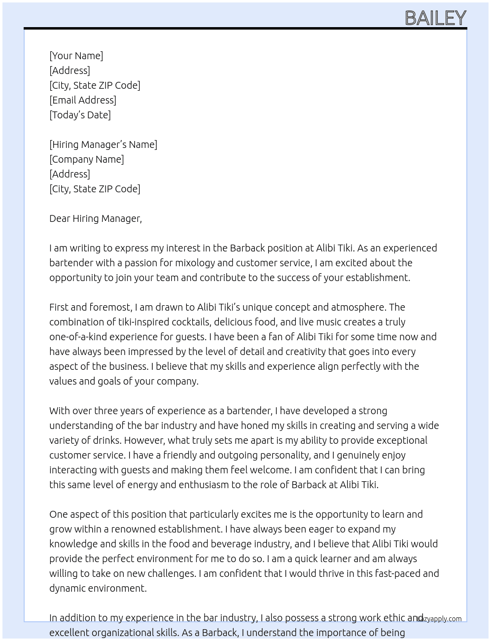 Barback At Alibi Tiki Cover Letter