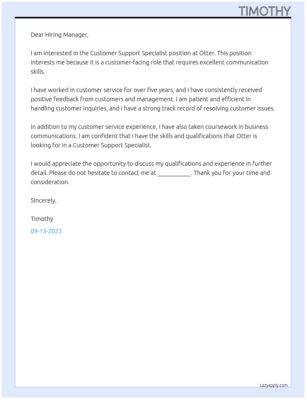 Customer Support Specialist At Otter Cover Letter
