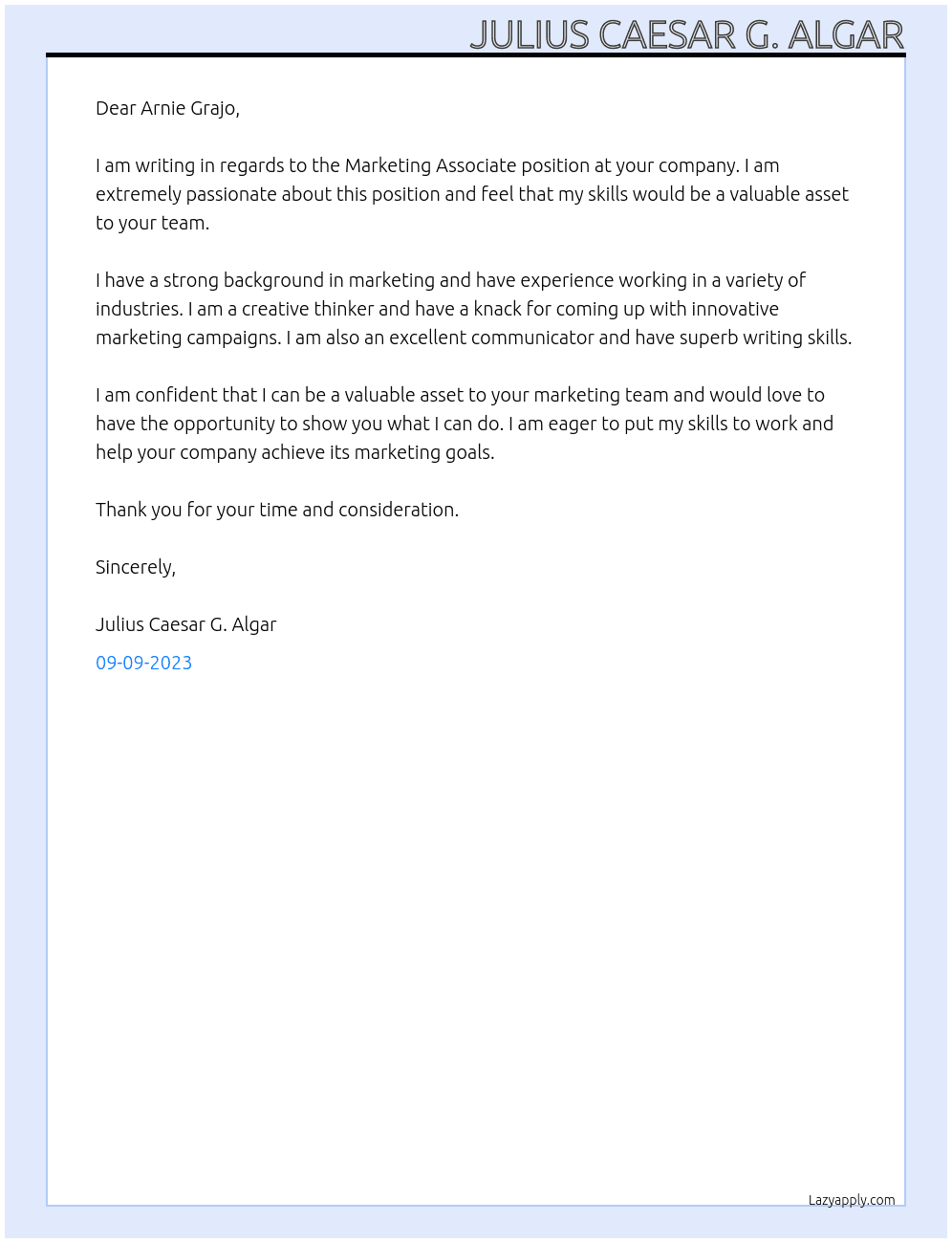Marketing Associate At Marketing Agency Cover Letter
