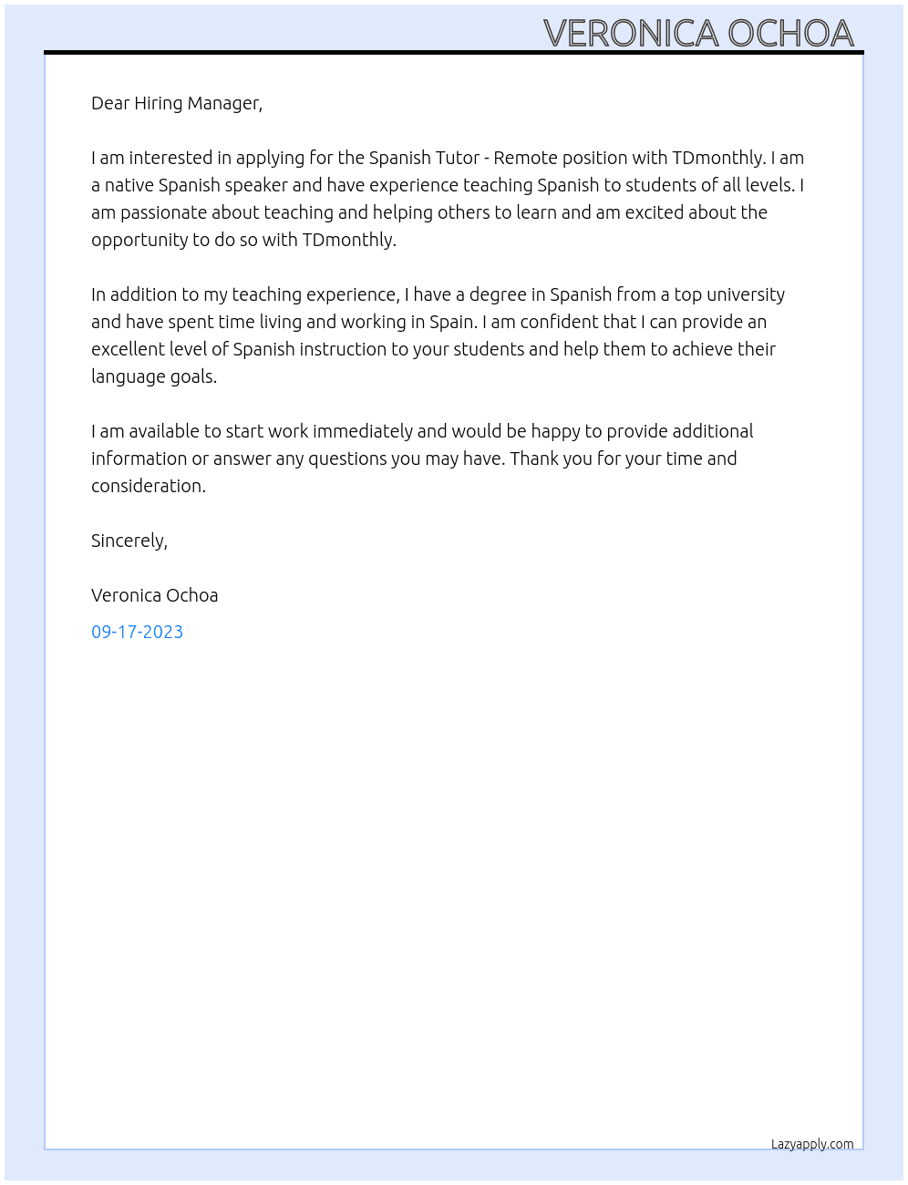 Spanish Tutor - Remote` At TDmonthly Cover Letter