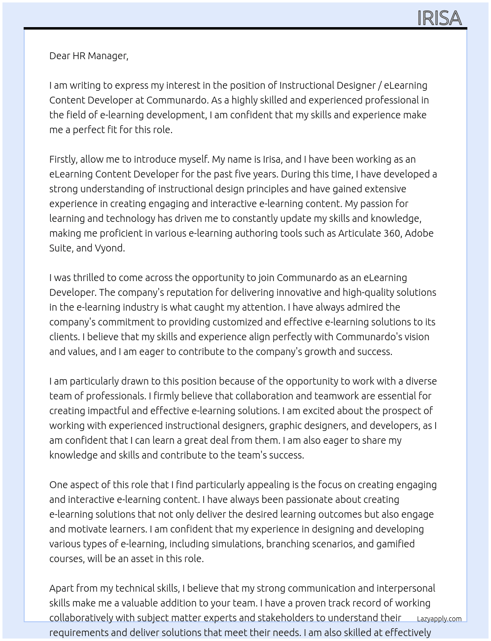 Instructional Designer / eLearning Content Developer At Communardo Cover Letter