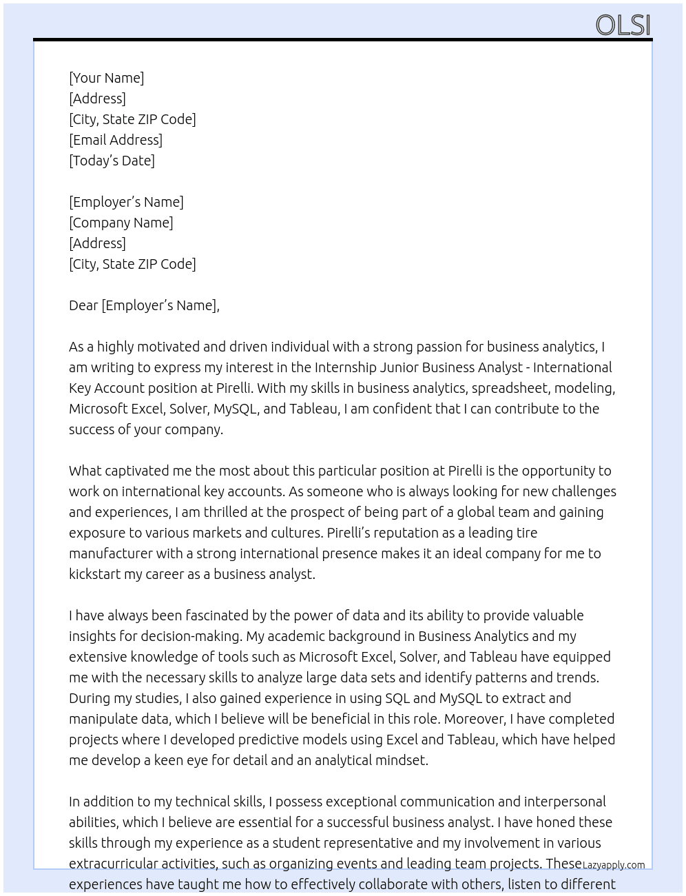 Internship Junior Business Analyst - International Key Account At Pirelli Cover Letter