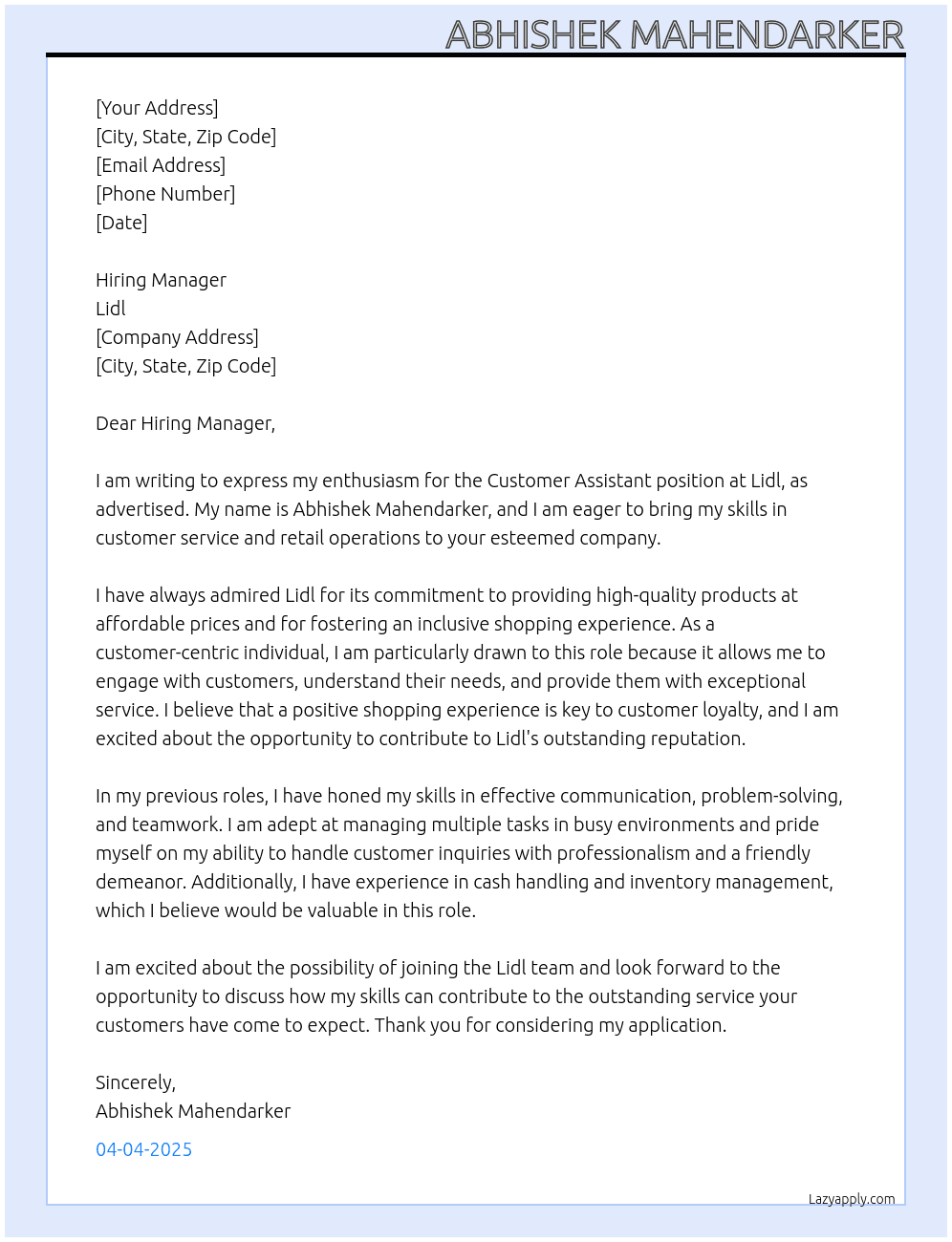 Customer assistant At Lidl Cover Letter