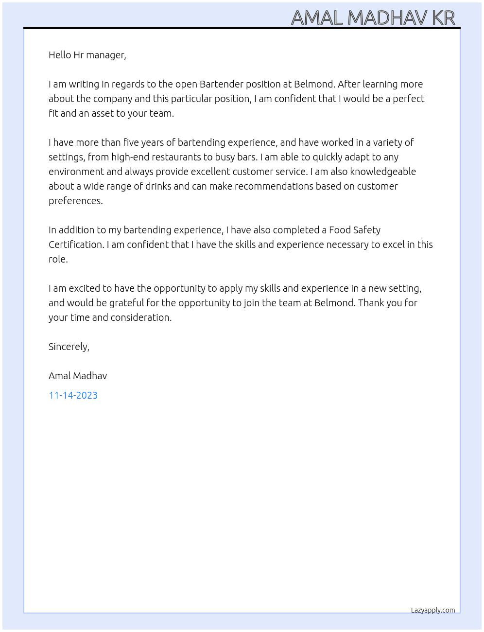 Bartender  At Belmond Cover Letter