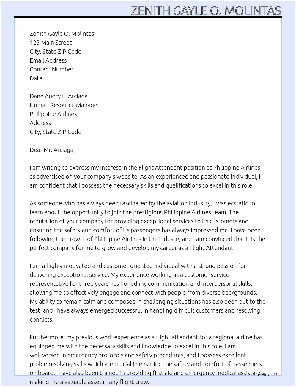 Flight Attendant  At Philippine Airlines  Cover Letter