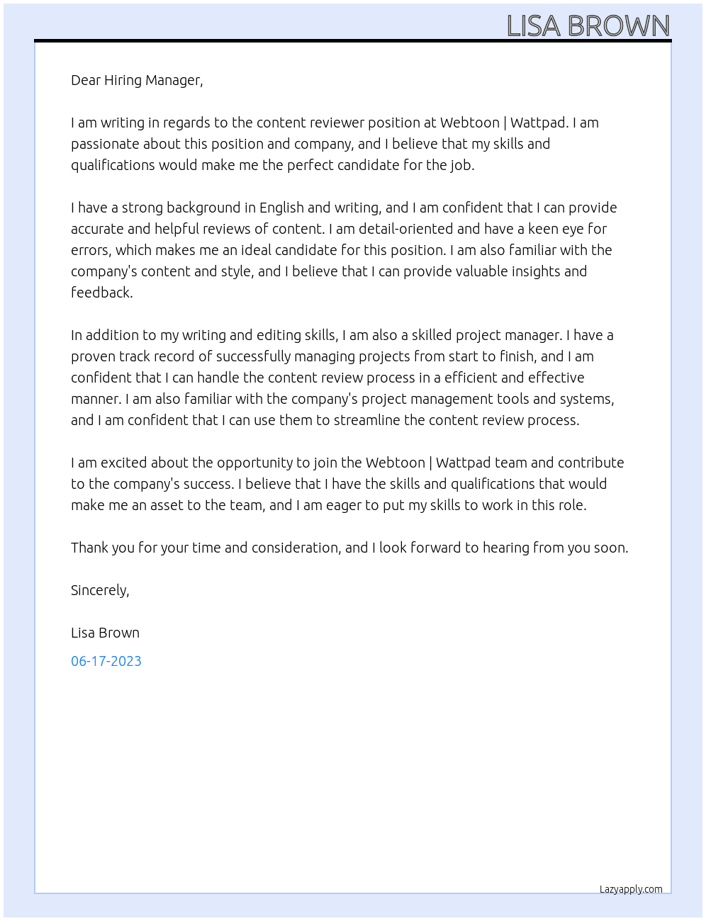 Content Reviewer At Webtoon | Wattpad Cover Letter