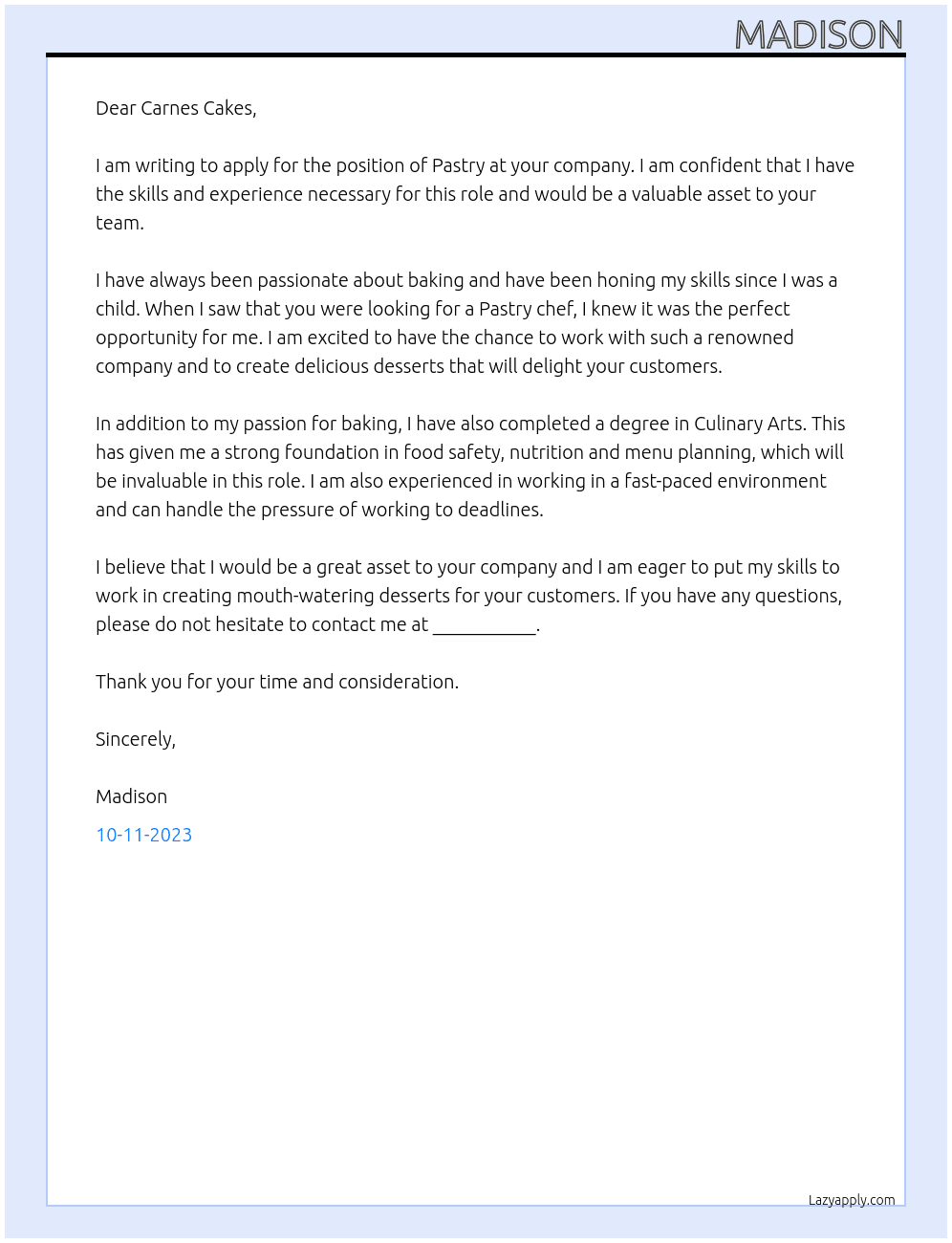 Pastry At Carnes cakes Cover Letter