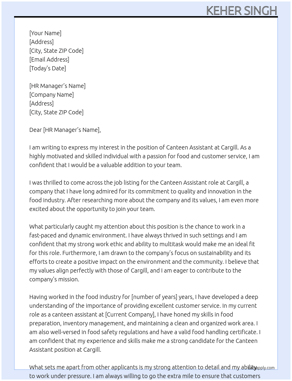 Canteen Assistant  At Cargill  Cover Letter