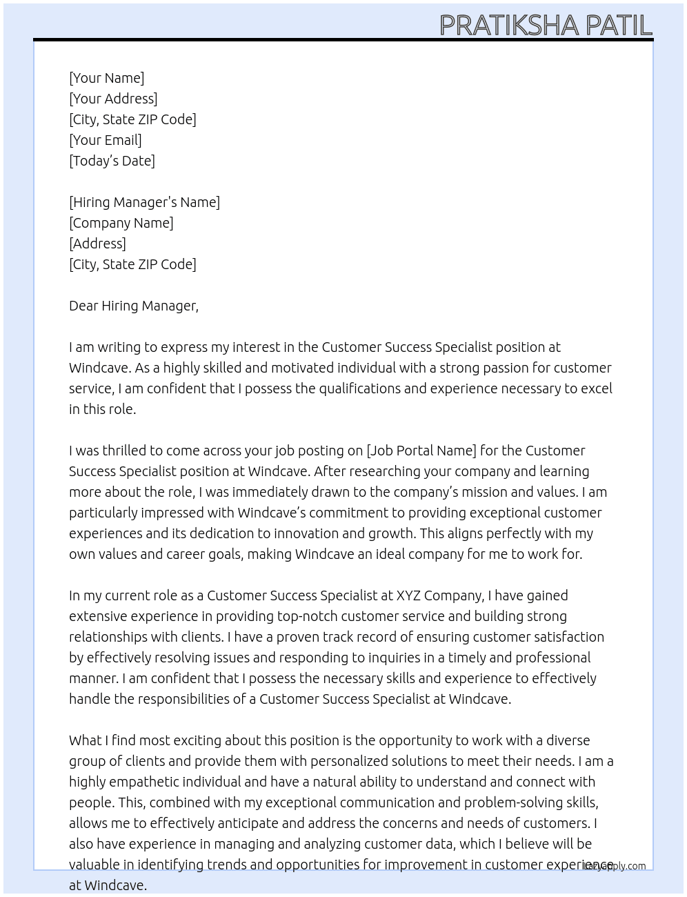 Customer Success Specialist At Windcave Cover Letter