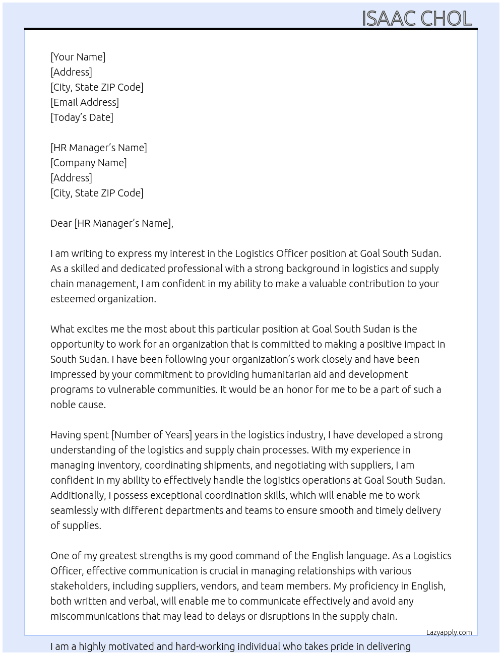 Logistics Officer At Goal South Sudan  Cover Letter