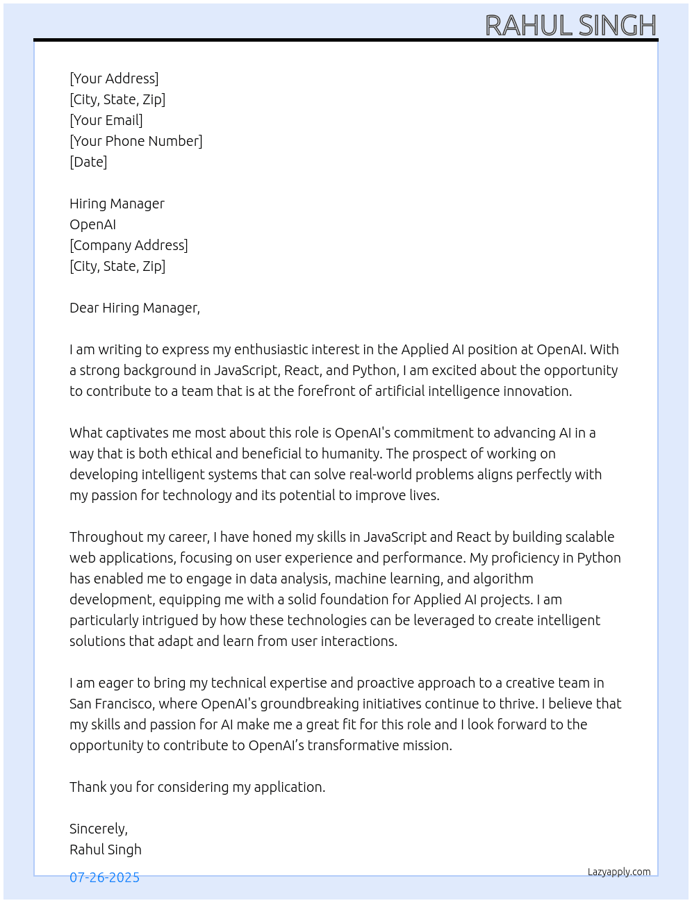 Applied AI At OpenAI Cover Letter