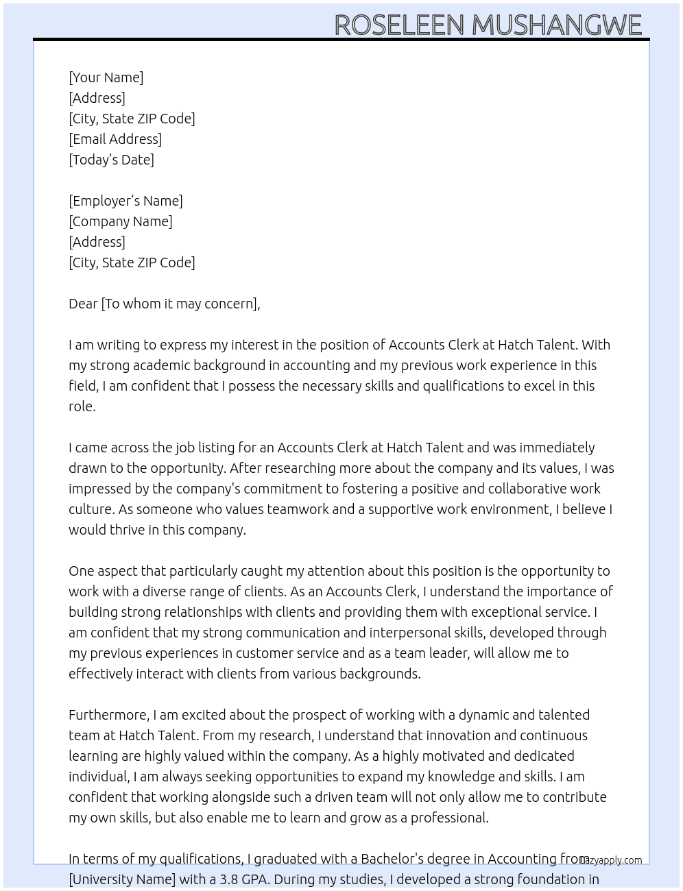 Accounts clerk  At Hatch Talent  Cover Letter