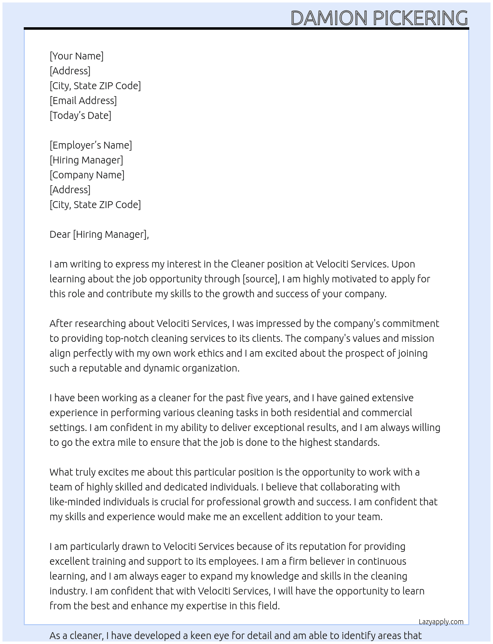 cleaner At Velociti Services Cover Letter