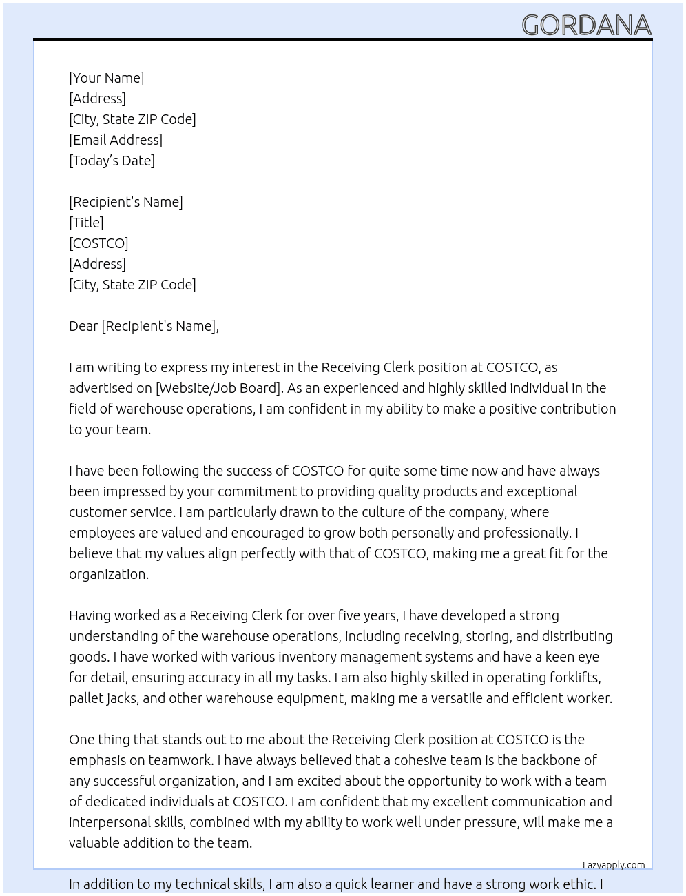 receiving clerk At COSTCO Cover Letter