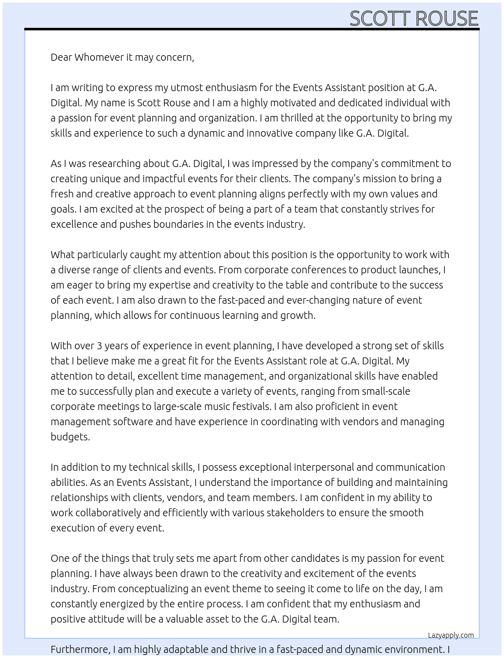 Events Assistant  At G.A. Digital  Cover Letter