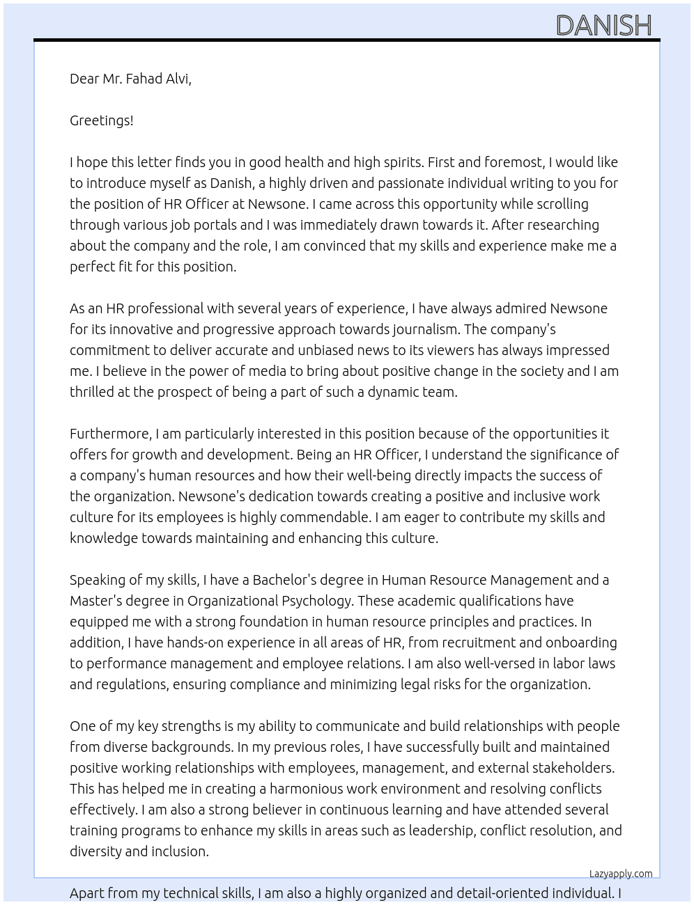 HR officer At Newsone Cover Letter