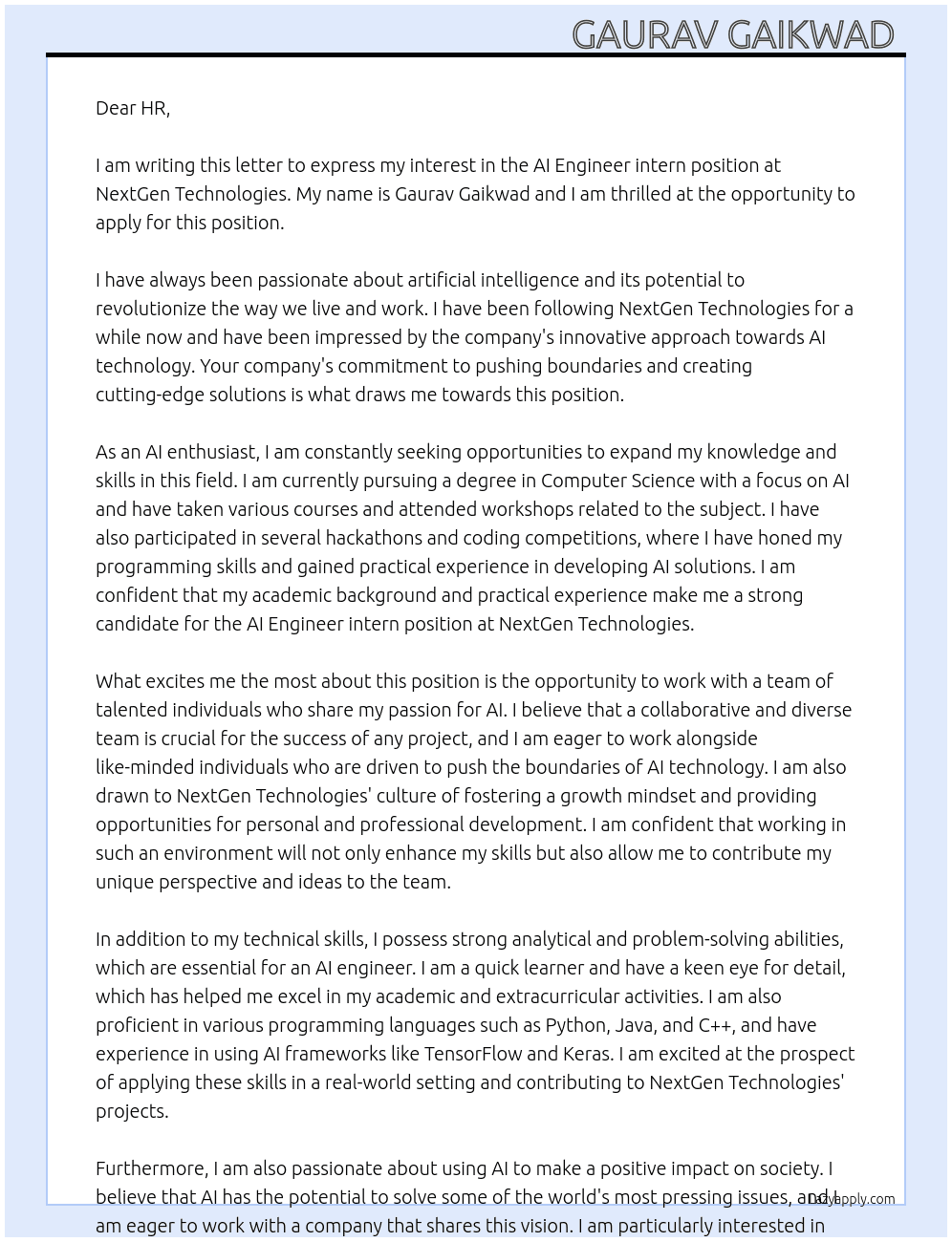 AI Engineer intern  At NextGen Technologies  Cover Letter