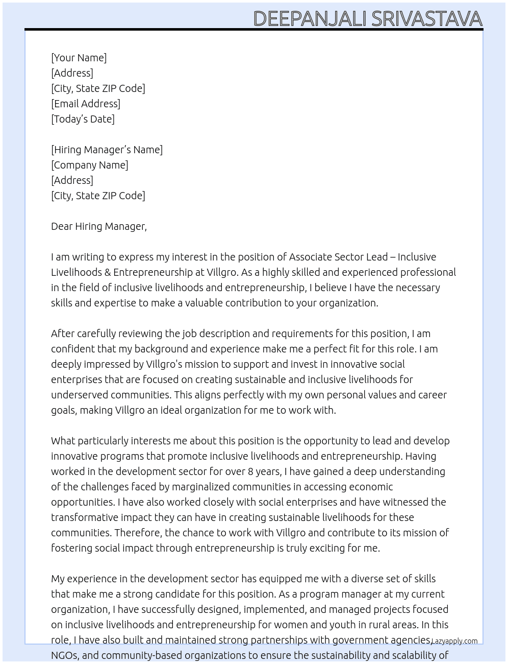 Associate Sector Lead – Inclusive Livelihoods & Entrepreneurship At Villgro Cover Letter