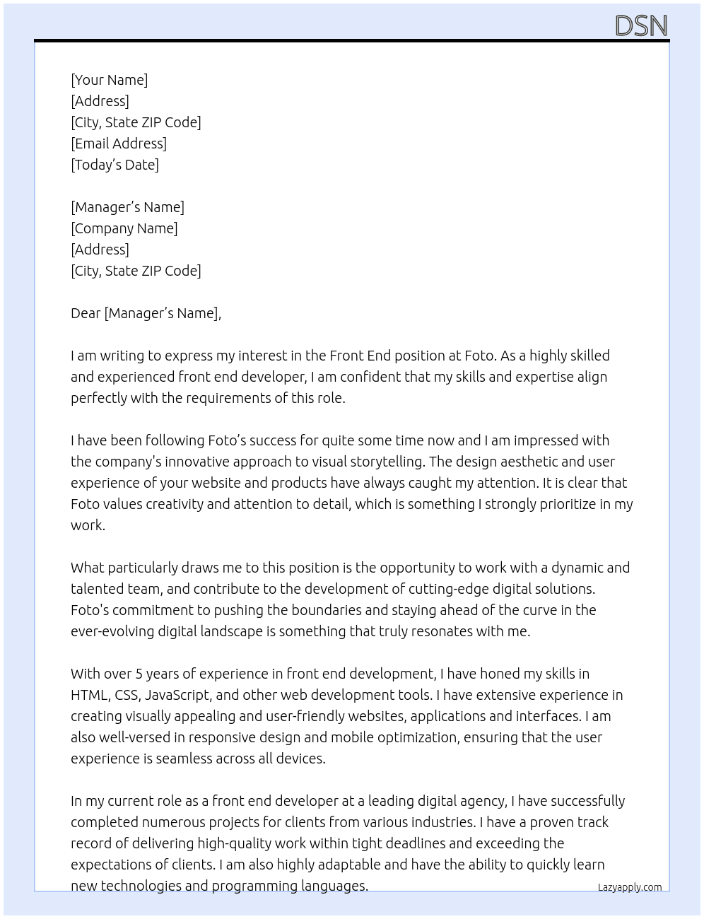 front end At foto Cover Letter